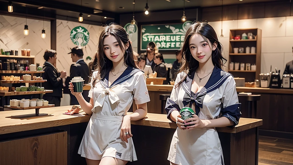 8K、RAW Photos、Highest quality、Super detailed、Super Resolution、Ultra HD、8K壁紙、Amazing details
(((Inside the Starbucks store、16 year old high school girl in sailor suit)))、Eat cake、Drink coffee、smile、Heart Necklace((Emphasize cleavage))
(Full body photo)