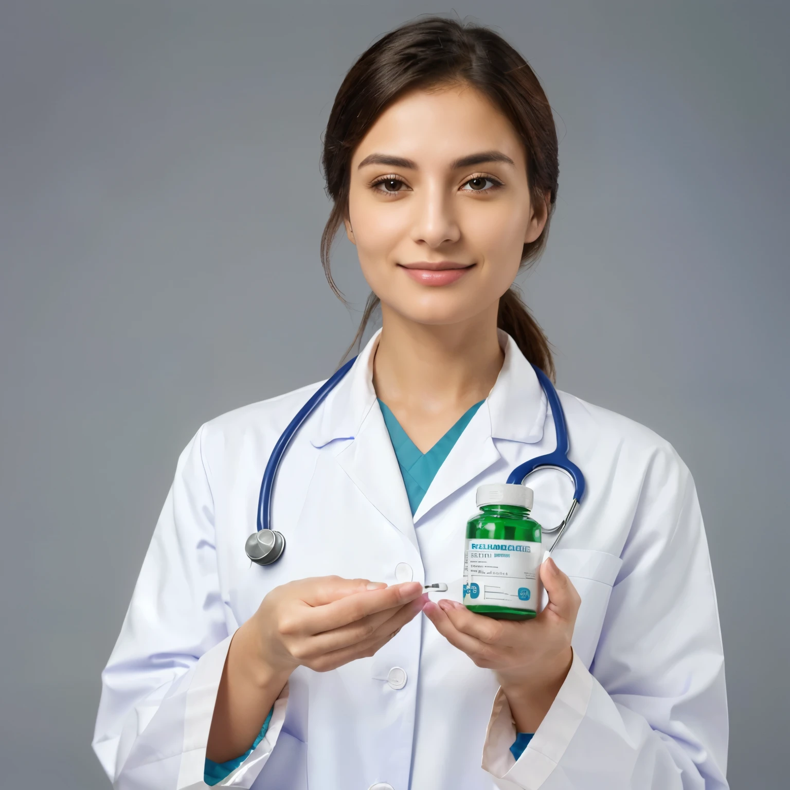 arafed female doctor holding a bottle of vitamin pills, medical doctor, quack medicine, doctor, medicine, (doctor), healthcare worker, local conspirologist, offering the viewer a pill, nursing, portrait of a female pathologist, healthcare, wearing lab coat and a blouse, pharmacy, photo - shot, medical photography, with a stethoscope, male physician keep the hands the same way