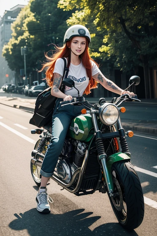 Beautiful young woman with long red hair, green eyes and very white skin, tattoos, wearing a dungarees with print, white t-shirt, colored sneakers and a motorcycle helmet riding a motorcycle carrying a bag and guitar strapped to her back, she is happy riding on a street busy with other vehicles around, the day is clear and sun rays make the image more beautiful.
[Rev Animated]