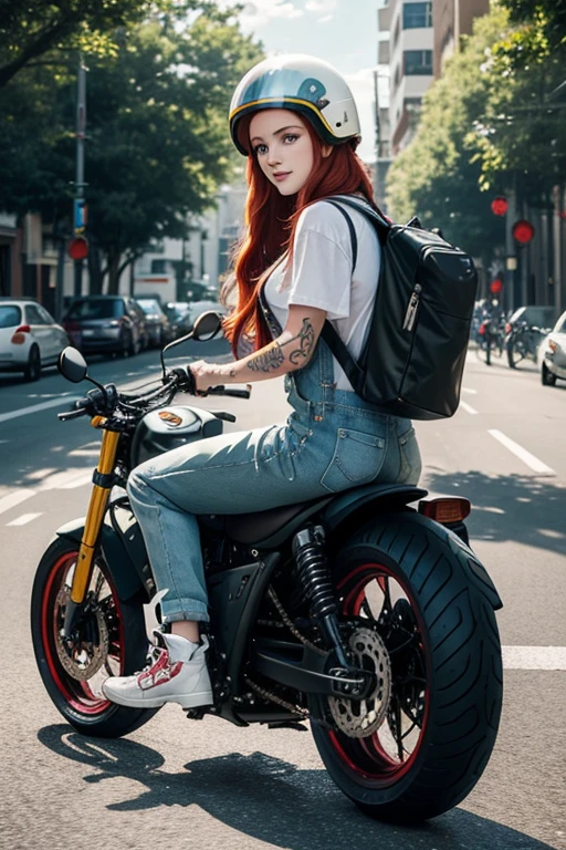 Beautiful young woman with long red hair, green eyes and very white skin, tattoos, wearing a dungarees with print, white t-shirt, colored sneakers and a motorcycle helmet riding a motorcycle carrying a bag and guitar strapped to her back, she is happy riding on a street busy with other vehicles around, the day is clear and sun rays make the image more beautiful.
[Rev Animated]
