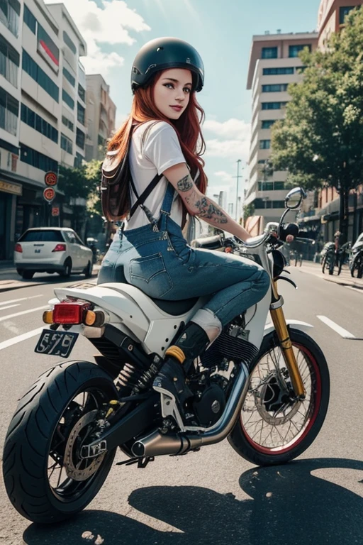 Beautiful young woman with long red hair, green eyes and very white skin, tattoos, wearing a dungarees with print, white t-shirt, colored sneakers and a motorcycle helmet riding a motorcycle carrying a bag and guitar strapped to her back, she is happy riding on a street busy with other vehicles around, the day is clear and sun rays make the image more beautiful.
[Rev Animated]