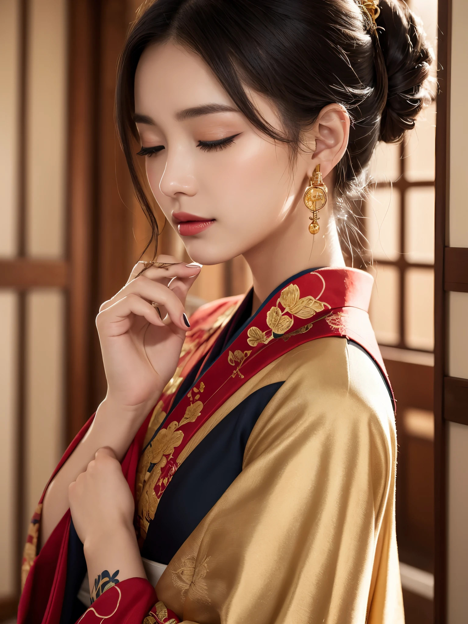 Highly detailed digital painting of a young woman with dark hair tied up in a messy bun。She is wearing a traditional red and black kimono.、It features intricate gold embroidery of mythical creatures.。Her eyes are closed、She has a calm yet sad look accentuated with dramatic red eyeshadow and lipstick。She touches his chin lightly with her delicate fingers.、He also has a tattoo on his finger。She has multiple piercings in her ears、Unique and gorgeous earrings dangled、It adds to her mystique。Detailed tattoos on neck and shoulders、It blends seamlessly into the design of the kimono.。The background is a vibrant red、It highlights her pale skin and the intricate details of her outfit and accessories.。The lighting is soft、Shadows that emphasize the contours of the face and body、It creates a moody and emotional atmosphere.。