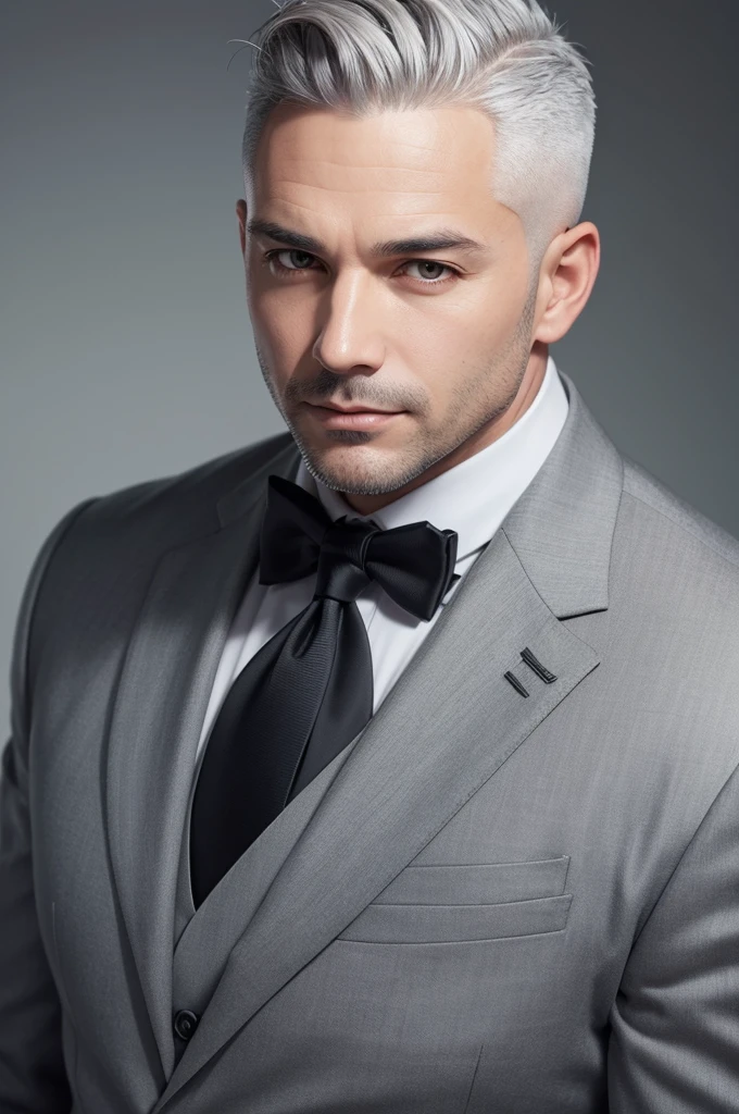 male 40s; shaved and gray hair; very short shaved beard; in a suit