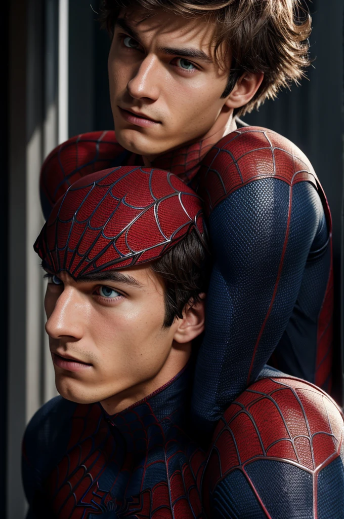 A photograph of spider man, no mask, 20 yo, handsome, detailed face, looking at camera, portrait, 8k uhd, high quality