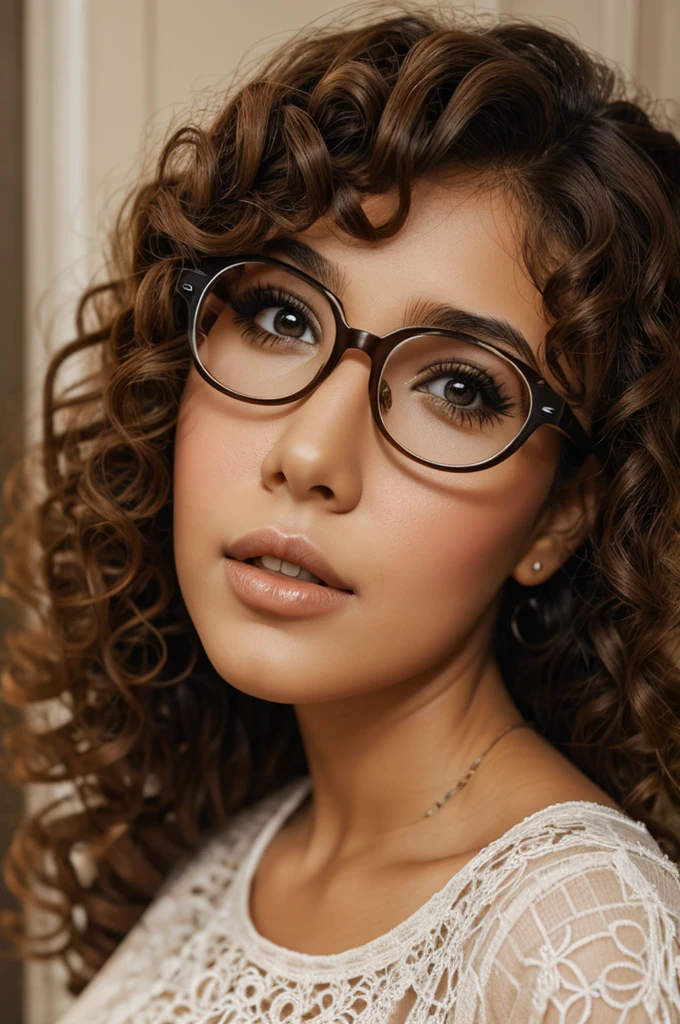Doll with brown eyes, glasses and curly hair