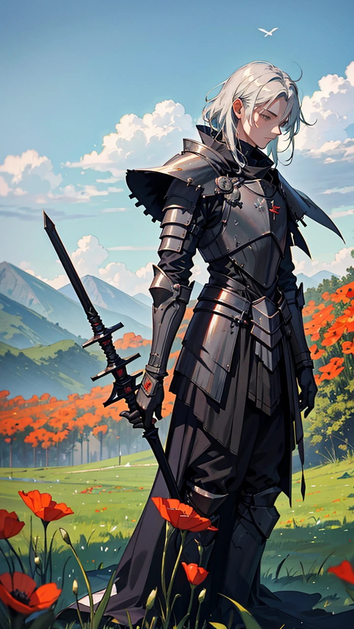 The image depicts a knight in full black armor., kneeling in a field of red flowers, that look like poppies. The knight is in a reflective posture, with his head tilted downwards and his hands resting on the hilt of a sword that is stuck in the ground at his side. The sword is big, with a simple guard and a round pommel, indicating that it is a functional weapon and not merely decorative.

The field around the knight is abundant with flowers, predominantly red, that contrast vividly with the dark armor. The flowers are numerous and scattered, creating a natural carpet that extends across the entire lower plane of the image.

Ao fundo, the scenery is made up of gentle hills covered in green vegetation. The horizon line is low, giving a feeling of vastness to the environment. the sky is cloudy, with gray clouds and diffuse light that suggests cloudy weather or just after rain. Several birds can be seen flying, adding an element of life and movement to the static scene.

The environment conveys a feeling of solitude and contemplation. The knight&#39;s posture suggests a moment of pause, perhaps reflecting on a recent battle or loss. The combination of red flowers, which often symbolize remembrance and mourning, with battle armor, suggests themes of sacrifice and memory. 

The use of colors and details in the image is careful, with the color palette highlighting the contrast between nature and the knight&#39;s equipment. The general atmosphere is melancholic and poetic, evoking a silent narrative of a warrior in a moment of introspection.