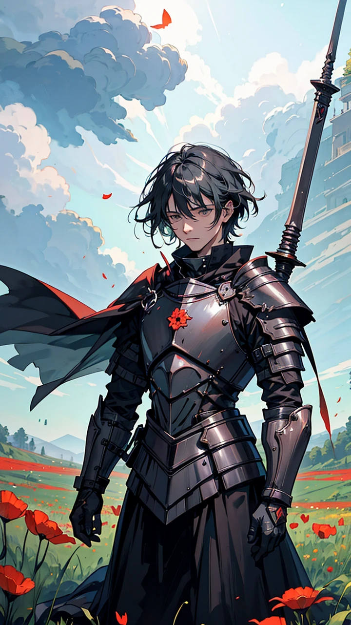 The image depicts a knight in full black armor., kneeling in a field of red flowers, that look like poppies. The knight is in a reflective posture, with his head tilted downwards and his hands resting on the hilt of a sword that is stuck in the ground at his side. The sword is big, with a simple guard and a round pommel, indicating that it is a functional weapon and not merely decorative.
The field around the knight is abundant with flowers, predominantly red, that contrast vividly with the dark armor. The flowers are numerous and scattered, creating a natural carpet that extends across the entire lower plane of the image.
Ao fundo, the scenery is made up of gentle hills covered in green vegetation. The horizon line is low, giving a feeling of vastness to the environment. the sky is cloudy, with gray clouds and diffuse light that suggests cloudy weather or just after rain. Several birds can be seen flying, adding an element of life and movement to the static scene.
The environment conveys a feeling of solitude and contemplation. The knight's posture suggests a moment of pause, perhaps reflecting on a recent battle or loss. The combination of red flowers, which often symbolize remembrance and mourning, with battle armor, suggests themes of sacrifice and memory.
The use of colors and details in the image is careful, with the color palette highlighting the contrast between nature and the knight's equipment. The general atmosphere is melancholic and poetic, evoking a silent narrative of a warrior in a moment of introspection.