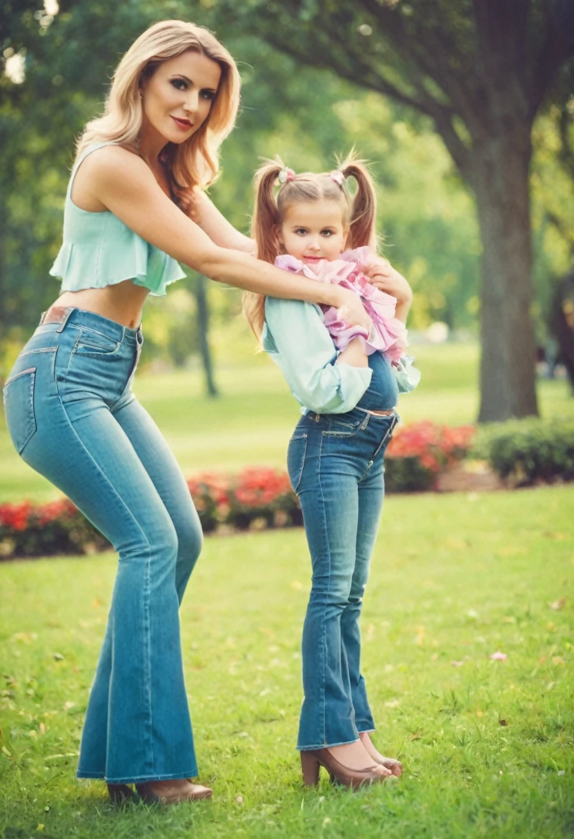 young mother with daughter in jeans with flounce in park, sexy pose, deep focus, vintage film grain, color correction retro style, soft lighting,