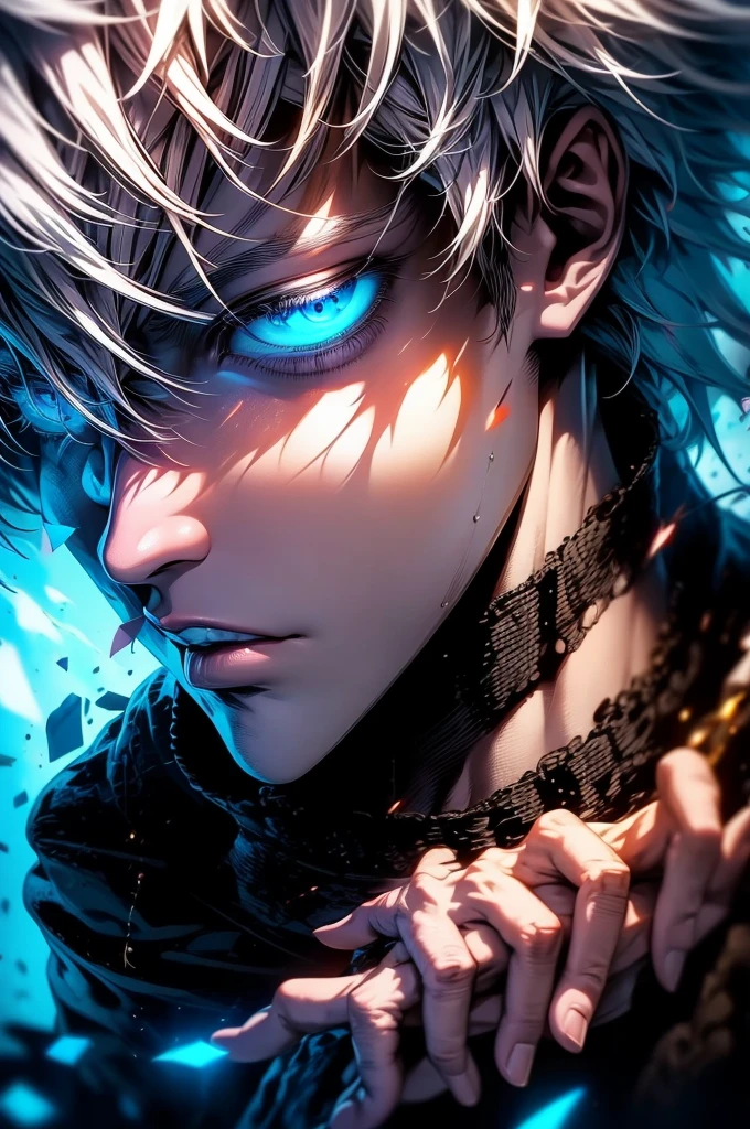 Satoru gojo, 1man, 1men, male character, white hair, glowing blue eyes, jujutsu Kaisen character, close up take, portrait take, full hd, 4k, intrincated, dinamic lights, professional digital draw.