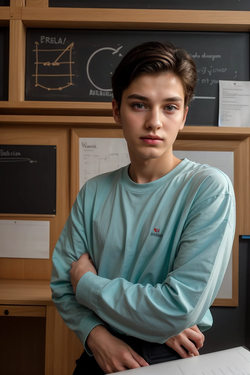 A beautiful young male twink, cute, with black hair and a face with reddish makeup, wearing a bright white long-sleeved shirt and aqua blue pants. He is in his office, and behind him is a blackboard on which is written the shape of the brain and its anatomy, and nuclear energy comes out of it, and he has a face with makeup and Red cheeks.