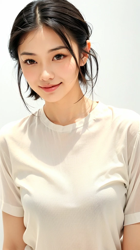 (1 woman:1.99)、(Wide forehead、Very short hair、Very small amount of hair、Forehead、Fuji frame:1.1)、Sunburn、17 years old、Naughty、Happy expression、満面のsmile、Weakness、I feel very comfortable alone、(Fluorescent orange and white futuristic clothing),((Very sleepy、Improves skin texture,smile、Narrow eyes、Very weak eyesight、Very weak eyeliner、Half-closed eyes、I know the shape of your head、Oval Face))、(slicked back hair:1.25)、Photographic, Raw photo, Mastepiece, Highly detailed photos, Digital SLR, Photo-realistic 1.4, Super hello nothing, Best Quality,(standing、tilting your head、whole body:1.７)