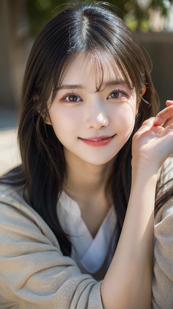 (top-quality,masterpiece:1.3,超A high resolution,),(Ultra-detail,Caustics),(Photorealsitic:1.4,RAW shooting,)Ultra-realistic capture,A highly detailed,High resolution 16K human skin closeup、 Skin texture is natural、、The skin looks healthy with an even tone、 Use natural light and color,1 girl,japanes,22year old,kawaii,Black Hair、longhair,,smil,,(depth of fields、chromatic abberation、、Wide range of lighting、Natural Shading、)、Posing with hands outstretched