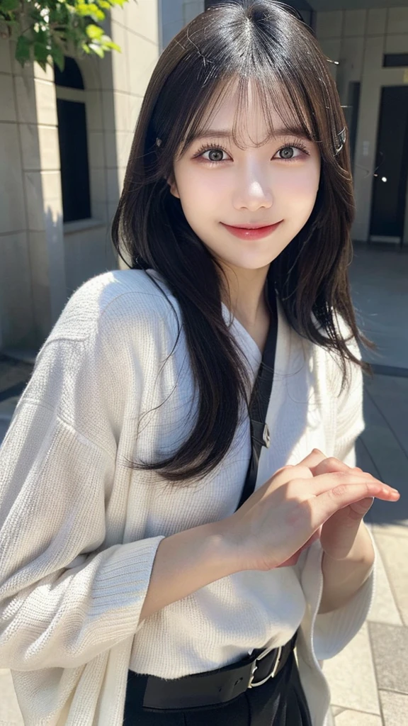 (top-quality,masterpiece:1.3,超A high resolution,),(Ultra-detail,Caustics),(Photorealsitic:1.4,RAW shooting,)Ultra-realistic capture,A highly detailed,High resolution 16K human skin closeup、 Skin texture is natural、、The skin looks healthy with an even tone、 Use natural light and color,1 girl,japanes,22year old,kawaii,Black Hair、longhair,,smil,,(depth of fields、chromatic abberation、、Wide range of lighting、Natural Shading、)、Posing with hands outstretched