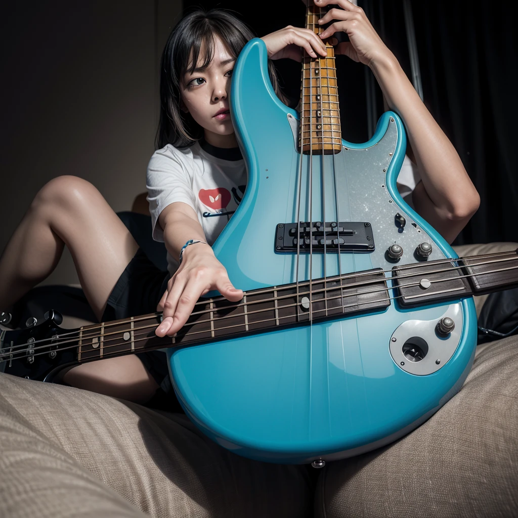 Create an image of a new emotion in fun, bass guitar, cerulean, with a paranoid face