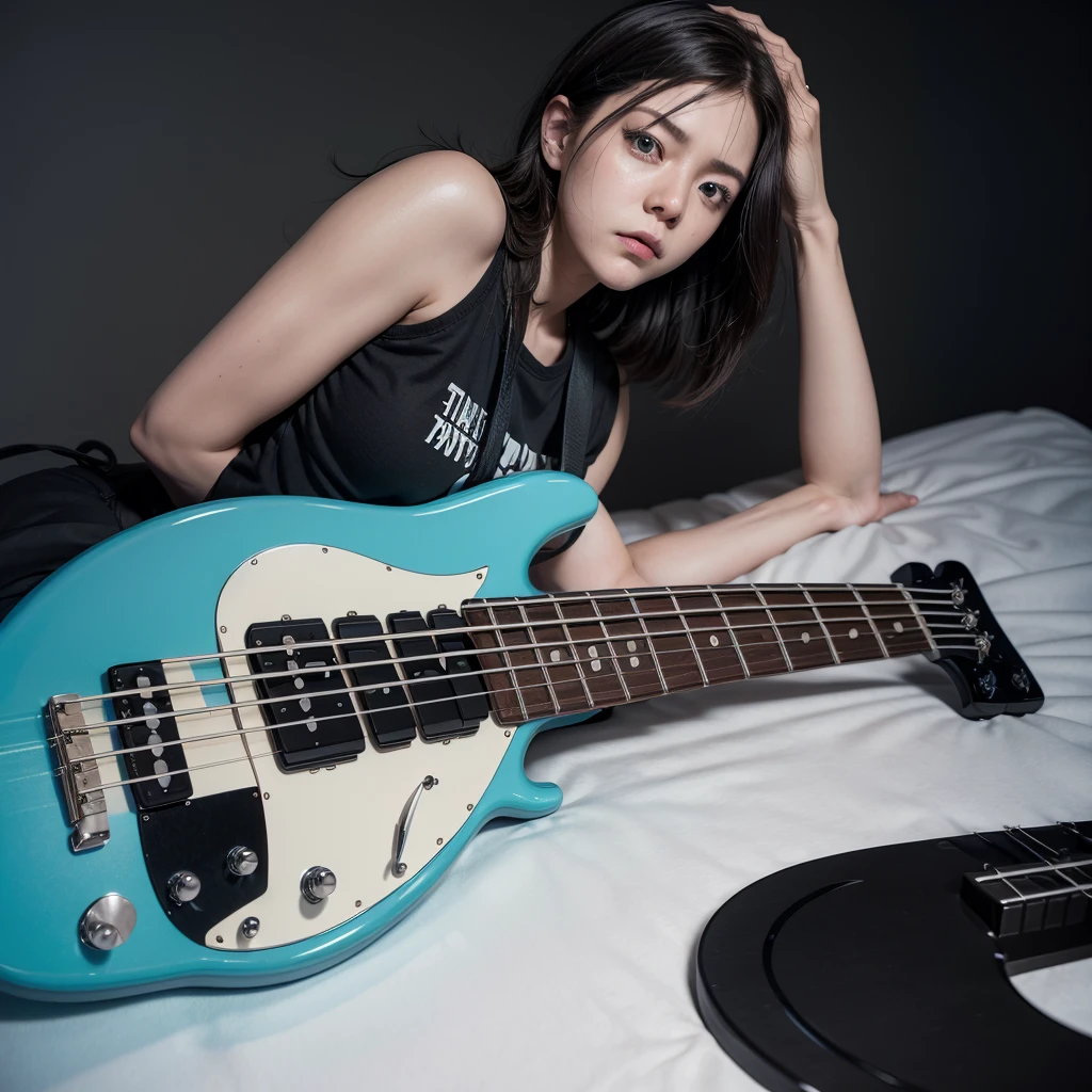 Create an image of a new emotion in fun, bass guitar, cerulean, with a paranoid face