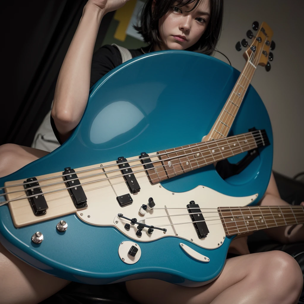 Create an image of a new emotion in fun, bass guitar, cerulean, with a paranoid face
