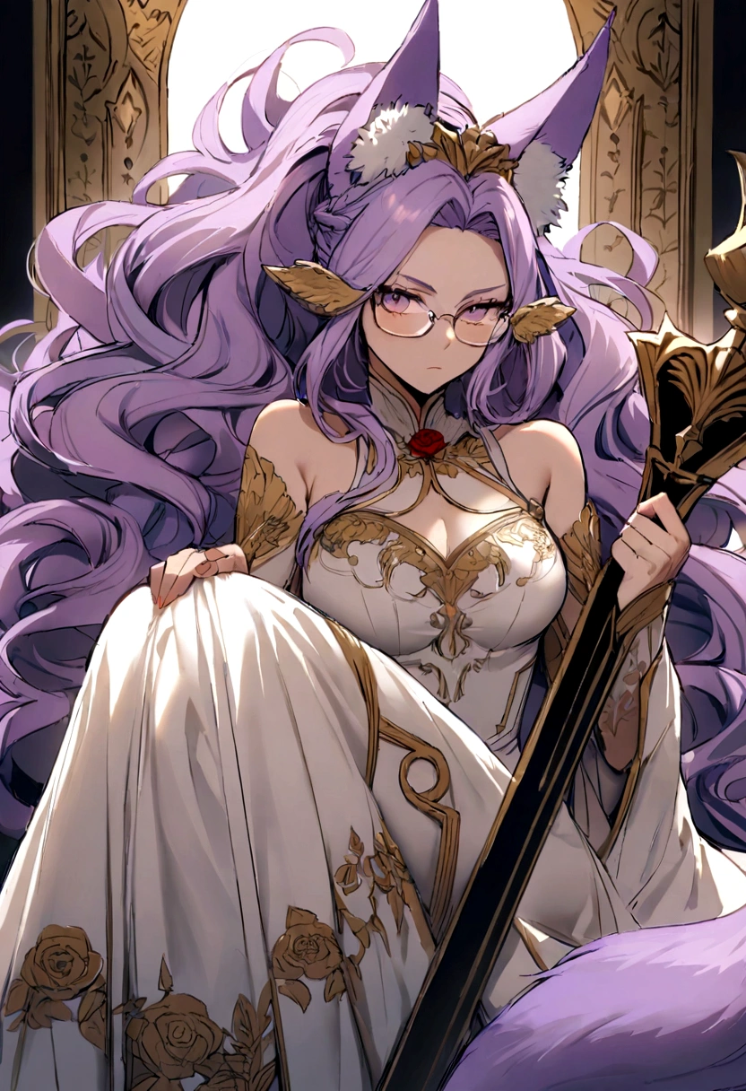 adult  woman, with lilac hair with light purple highlights, big hair, Eyeglasses, a fantasy world setting , discreet fox ears on top of head, a fox tail, vestimentas, white dress with rose embroidery, flowers, Sheets, a serious expression, but friendly. In his right hand he carries a large spear, golden with traces of red and black, hentai