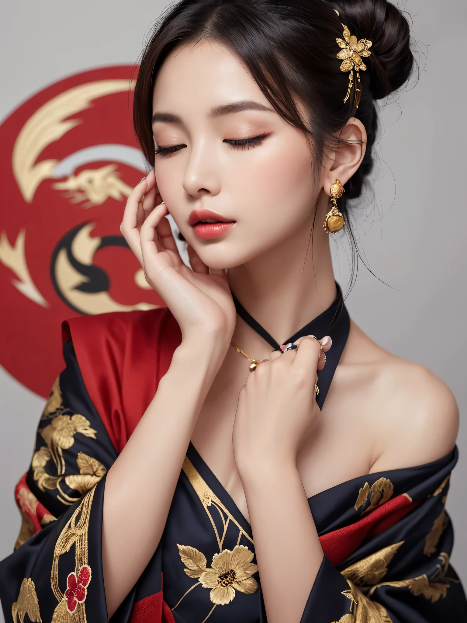 Highly detailed digital painting of a young woman with dark hair tied up in a messy bun。She is wearing a traditional red and black kimono.、It features intricate gold embroidery of mythical creatures.。Her eyes are closed、She has a calm yet sad look accentuated with dramatic red eyeshadow and lipstick。She touches his chin lightly with her delicate fingers.、He also has a tattoo on his finger。She has multiple piercings in her ears、Unique and gorgeous earrings dangled、It adds to her mystique。Detailed tattoos on neck and shoulders、It blends seamlessly into the design of the kimono.。The background is a vibrant red、It highlights her pale skin and the intricate details of her outfit and accessories.。The lighting is soft、Shadows that emphasize the contours of the face and body、It creates a moody and emotional atmosphere.。