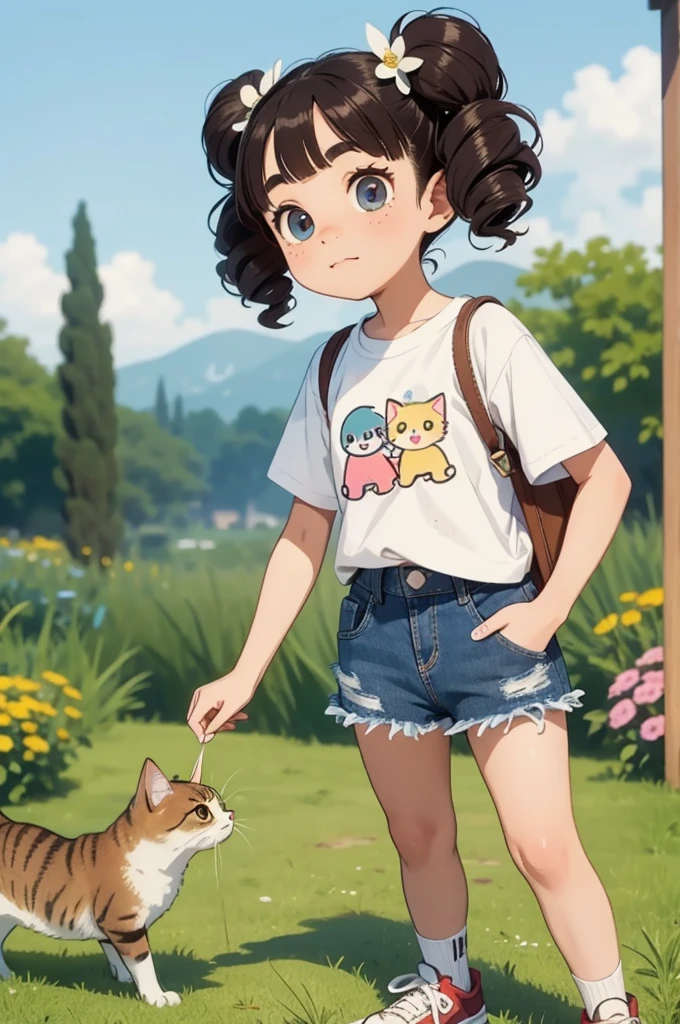 masterpiece,Highest quality,masterpiece,Highest quality,Cute doodles,Hilarious, Honor student, 10 years old,Low length,Curly Hair, Twin tail hair,Vibrant, inquisitive eyes,freckles,Thick eyebrows,Short white T-shirt,Very short miniskirt in denim,Open Fly,sneakers, Flower-like scent,pop,punk, bag,trip,Playing with cats