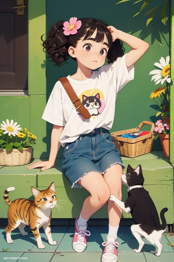 masterpiece,Highest quality,masterpiece,Highest quality,Cute doodles,Hilarious, Honor student, ,Low length,Curly Hair, Twin tail hair,Vibrant, inquisitive eyes,freckles,Thick eyebrows,Short white T-shirt,Very short miniskirt in denim,Open Fly,sneakers, Flower-like scent,pop,punk, bag,trip,Playing with cats