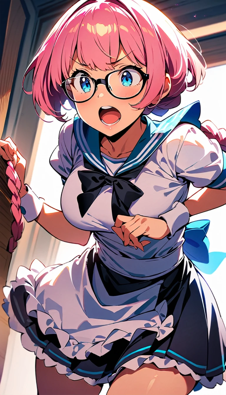 (high quality, 8K, 4K, High Contrast, masterpiece:1.2, 最high quality, Best aesthetics), (Dynamic Angle), ((1 female)), erotic, sexy, Mature Body, ＪＫ, , Braiding, Glasses, sexyなlips, Excited, chairman, Sailor suit:1.2, Open your mouth., (Best image quality),(Hair is pink、Drill Twin、Maid clothes）,(Master&#39;s Work),(Super detailed),(詳細なeyeの描写:1.0),(Lens flare:1.0),(Movie Posters:1.0),(Tarot Border:1.0),Portraitureは中央に配置されます,(close:1.0),(nagative space:0.8),(Negative space:1.6),(alone),(colorfulに浮かぶ {Wind|Water magic|ink|crystallizations|ice|fire|inflammation|lightning|web|rock|sand|particle|光のfire花|Blood}:1.0),(colorfulなものが多い {Soap bubble|cloud|Thorn|spike|Grapevine|current|spiral|barely|wing|Tattoo|Cube|octahedron}:1.0),(floating {red|green|green|Aqua|purple|yellow|black|white|gray|Pink|orange|lime} {ribbon|Fater|particle|blade|water滴|Snow Flower|soft ball}:1.0),({crystallization|ice|fire|inflammation|Wind|water|Earth|stone|space|musical|Sonic|Vortex} {magic|wing}:1.0), ({Ray Tracing,Shine|Speckled sunlight,light,Caustics|night,Black Theme|mysterious,Creepy|easy going,pastel}:1.2), ({colorful|Sparkling|Multicolor}:1.0),(Beautiful sparkle:1.0),({Leaning forward|Lean back|Tilt to the side|}:1.2),{(smile:1.0)|(False Smile:1.0)|(Stern expression:1.0)},({small|small||lips,eyelash}:1.0),{(Open your mouth:1.0)|(Mouth closed:1.0)|},({eyelash|eye shadow||}),{片eyeを閉じて|||},(),({From below|From above|From the side From the side|From behind|Face-to-face viewer}:1.3),(Hello:1.3),(Tilt your head:1.0),(Dynamic pose:1.1),,({red|green|green|Aqua|purple|yellow|black|white|gray|Pink|orange|lime} {armor|dress|Collared shirt|suit|Costume}:1.0),({formal|army|Techwear|Urban style|casual,casual clothes|Fantasy,Magister|wild,Tribe|sf,Futuristic}),({Checked skirt|Layered skirt|Fluffy dresses|tights|pants|Shorts}),({red|green|green|Aqua|purple|yellow|black|white|gray|Pink|orange|lime} {eye|eye|student}:1.4),,,,{Length jacket|Blazer jacket|Cape|sweater|tie||},{(Floating Cape:1.0),|}({Fox Ears, Fox Girl|吸Blood鬼, Bat Wings|Pointed Ears,(Fairy:0.5)||}:1.1),({Abstract background|city,Skyscraper|forest,garden|city|shrine|cave,underground|Swamp|lake|winter|Alien planets|}:1.4),({indoor,internal|屋outside,outside}:1.1),,({Sitting|flight|Jump|lay|Are standing|Are standing on one leg}:1.1),({Skin of color|white skin|green skin|greenwhiteい肌|By thing|Shiny skin|blackい肌||}:1.1),({Full Body Lesbian|Upper Body|Portraiture|}:1.25),{tooth, 皮のtooth|Tongue Stock|Frowning|lipsを噛む|Thinking|||||}, {虚ろなeye| student in symbol shapes, Heart-shaped student| Slit pupil, + +|||||}, (pink hair, twin tails twin drill, show your forehead, blue eyes, White frilled white headband, slanted eyes, smile, long sideburns, curled bangs, neck ribbon, Forehead, amount),

