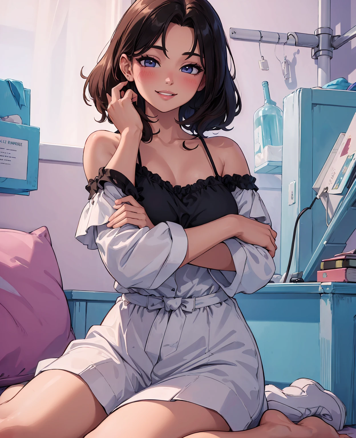 pastel colors colors t-shirt,off-shoulder look,bare shoulder,ollarbone,midriff peek,hot pants,open mouth,(tongue out:1,2),Kneeling,Hands Behind Back,eye-level shot,front view,cowboy shot,(1girl,Beautiful 14 year old girl),((Slender,Small breasts,Small face,)),(looking at viewer),Black Hair,bangs,one side up,Beautiful and detailed,(Dimly lit room:1.5),White bed,Simple black background,Mischievous smile