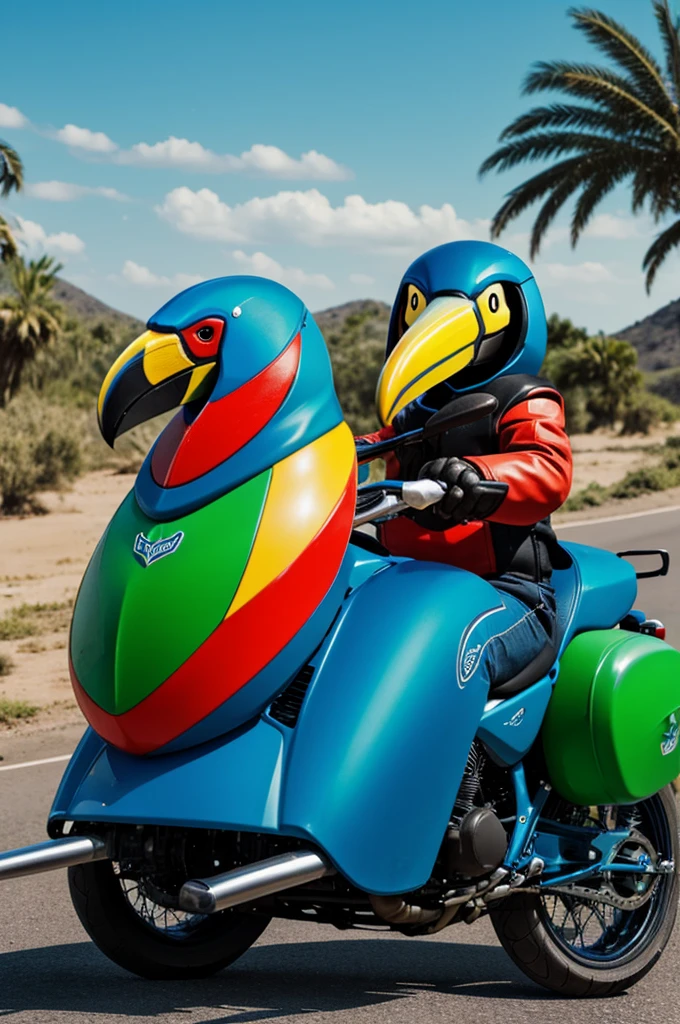 Create a crab riding a completely blue motorcycle holding a green toucan in his arms