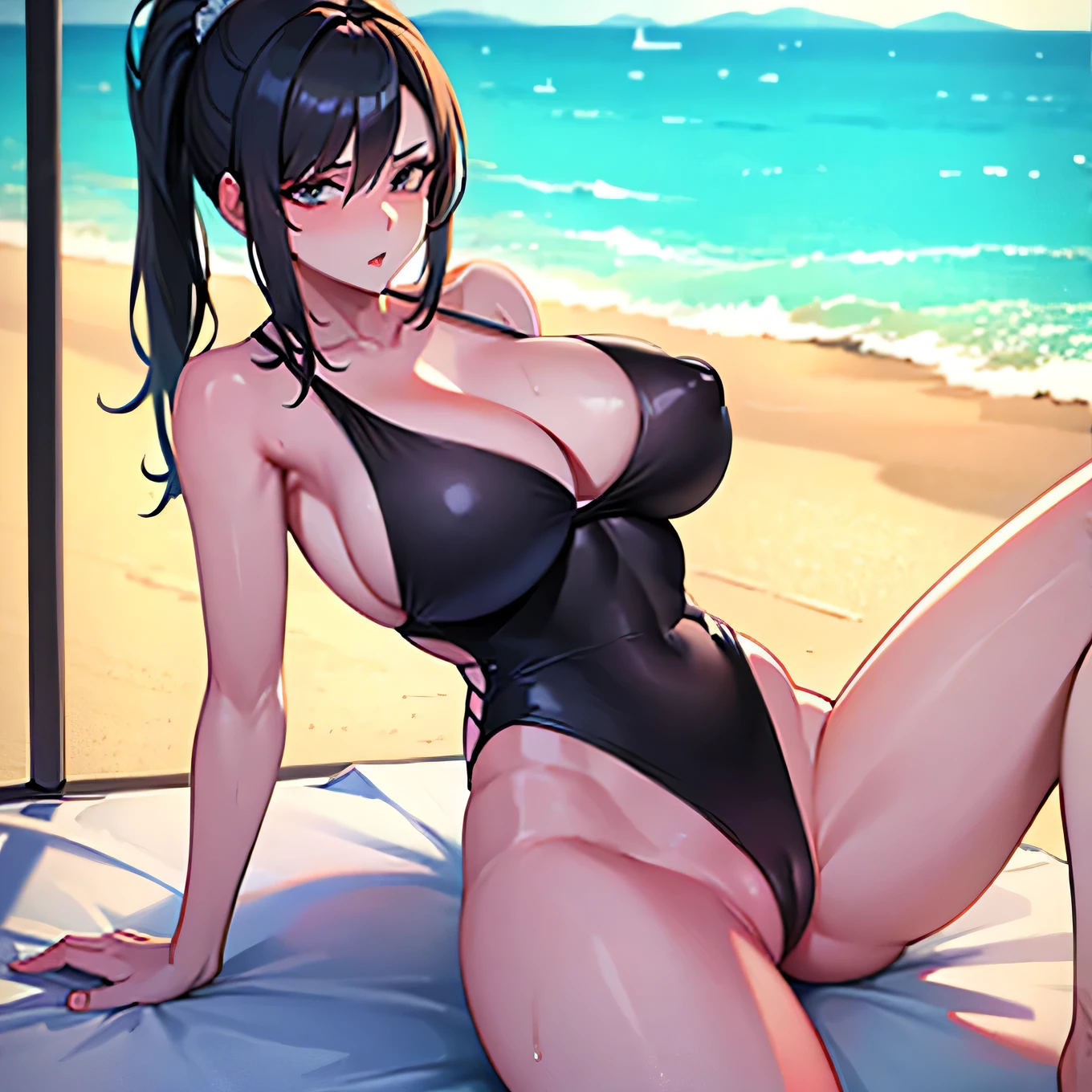 Mature European woman with ponytail and black hair in swimsuit on beach big breasts