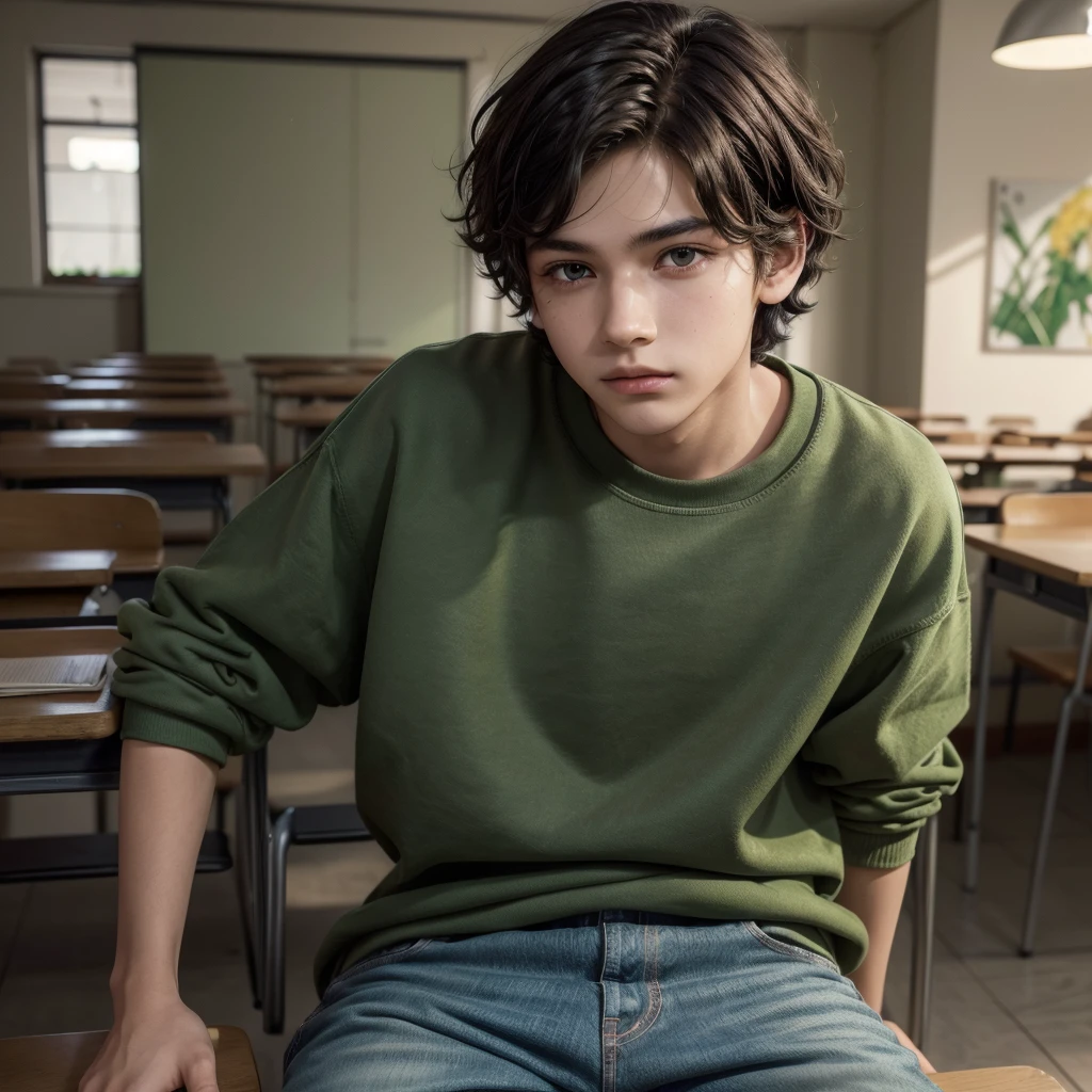 ((best qualityer)), ((work of art)), (detailded), 1 boy with slightly light dark skin, short wavy hair, brown dark eyes, green sweatshirt and jeans in a setting reminiscent of a classroom