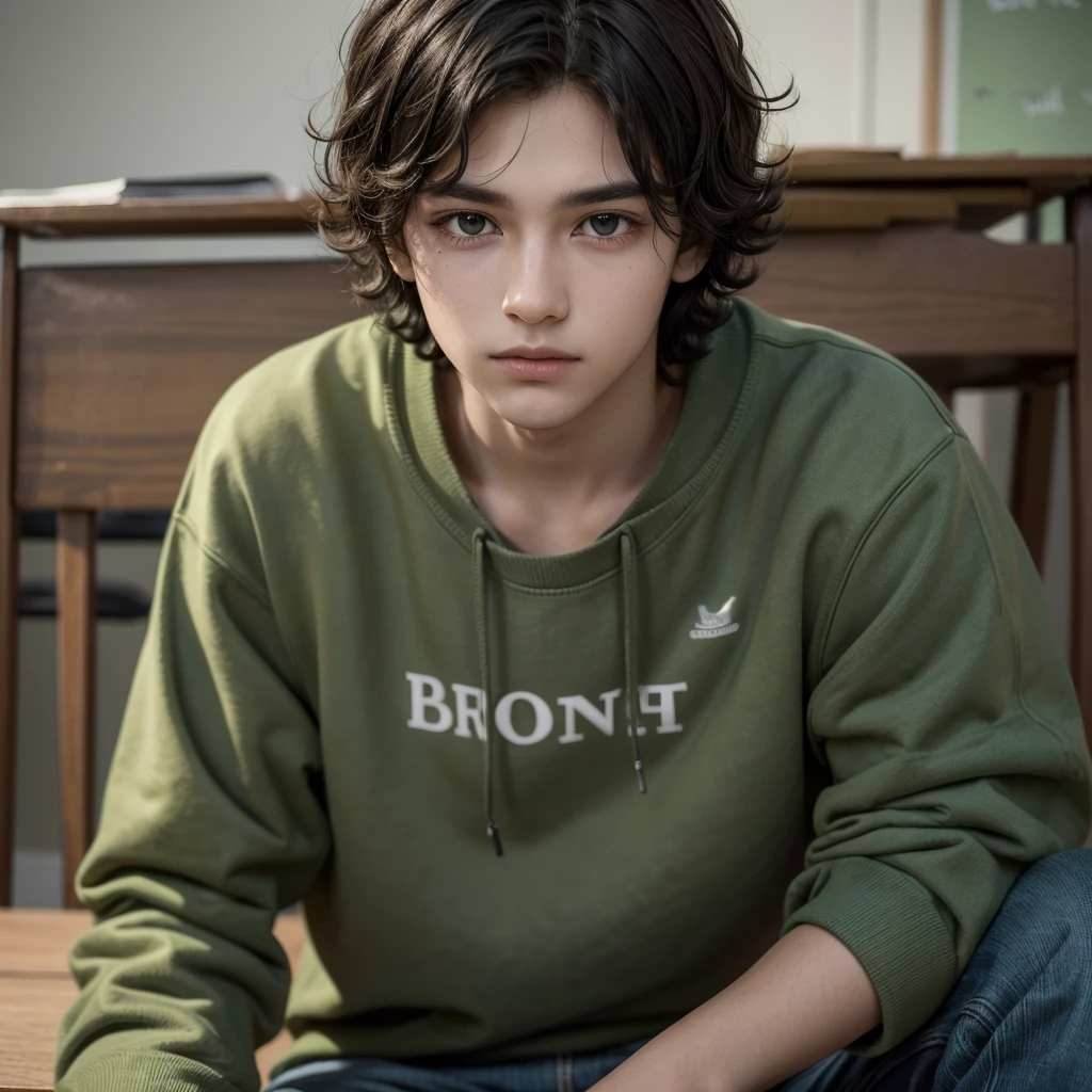 ((best qualityer)), ((work of art)), (detailded), 1 boy with slightly light dark skin, short wavy hair, brown dark eyes, green sweatshirt and jeans in a setting reminiscent of a classroom 