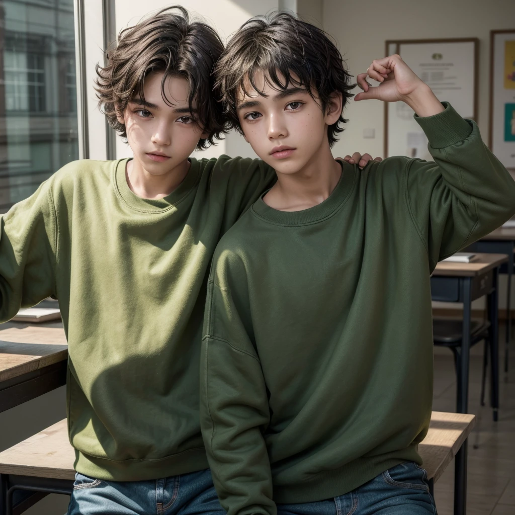 ((best qualityer)), ((work of art)), (detailded), 1 boy with slightly light dark skin, short wavy hair, brown dark eyes, green sweatshirt and jeans in a setting reminiscent of a classroom