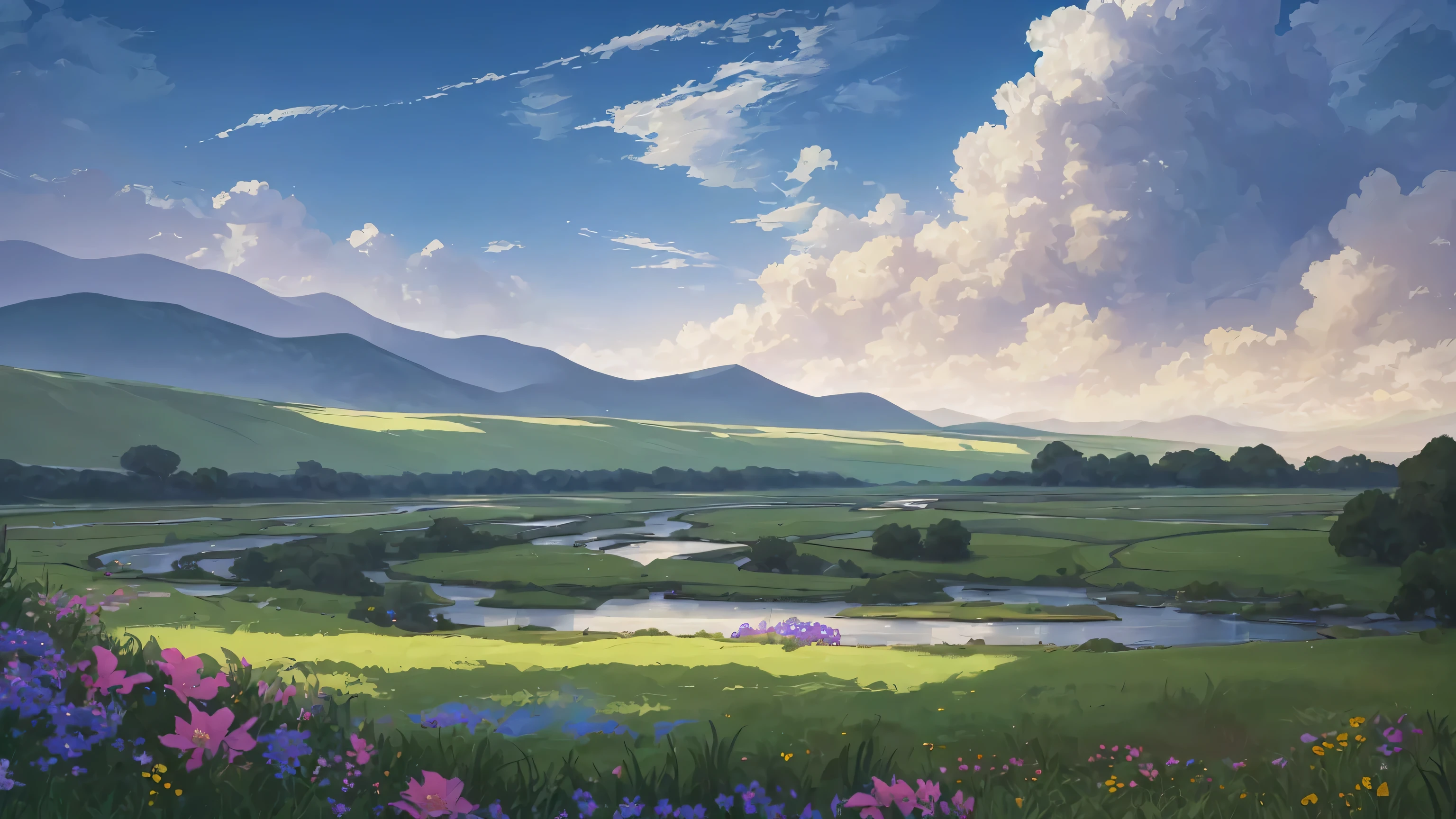 16k quality, masterpice, epic light, natural Subsurface scattering on plants, big and gorgeous skies, ultra detailed flowers with different colors in prim plan, dinamic river being by grass, contrast and joyfull and bright real-nature colors, defined flowers, proportional flowers, very bright day