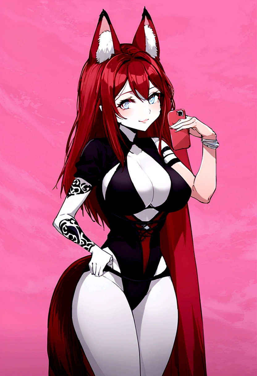 a redhead woman, very long hair falling to butt height. She is wearing a purple blouse that highlights her large breasts.. She has red fox ears, with the inside of the ears in light pink, and a red fox tail with a light pink tip. Only his left arm is completely tattooed. She has fair white skin and a slim body with blue eyes.