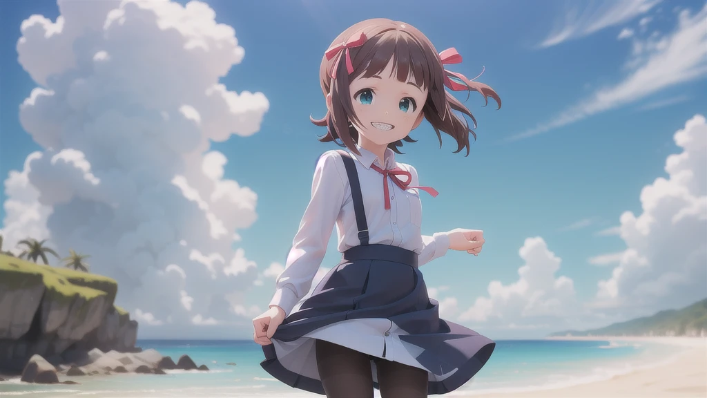 (((Pixel Perfect, Perfect in every detail))),alone,1人of女of子,Amami Haruka,red ribbons,View your viewers,smile,Happy,
Day,null,cumulus clouds,in spring,High resolution,colorful,Volumetric lighting,
depth_of_Field,alone_concentrated,depth of Field,Front view,whole body,
Teen,skinny,thin,thin,(expensive:1.1),
,(blue dress),School_uniform,length_sleeve,shirt,dress,white_shirt,襟ed_shirt,head_ribbon,apron_dress,Best,(Lace-up_boots:1.1),(black_pantyhose:1.4),Panty lines,
Outdoor,Beach,
(Skin Dentition:1.4),thin thighs,