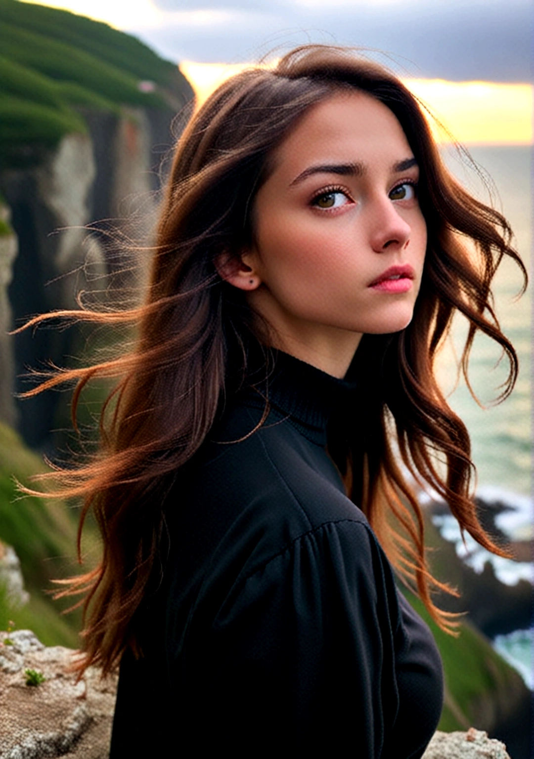 ((vertical image)), ((1080 x 1920)),
((best qualityer)), ((realisitic)),
((cloudy afternoon)) ((many dark clouds in the sky)), 1 girl, with dark clothes, long brown hair in the wind ((on top of a beautiful cliff)), ((thoughtful turn of the coast)), 4K.