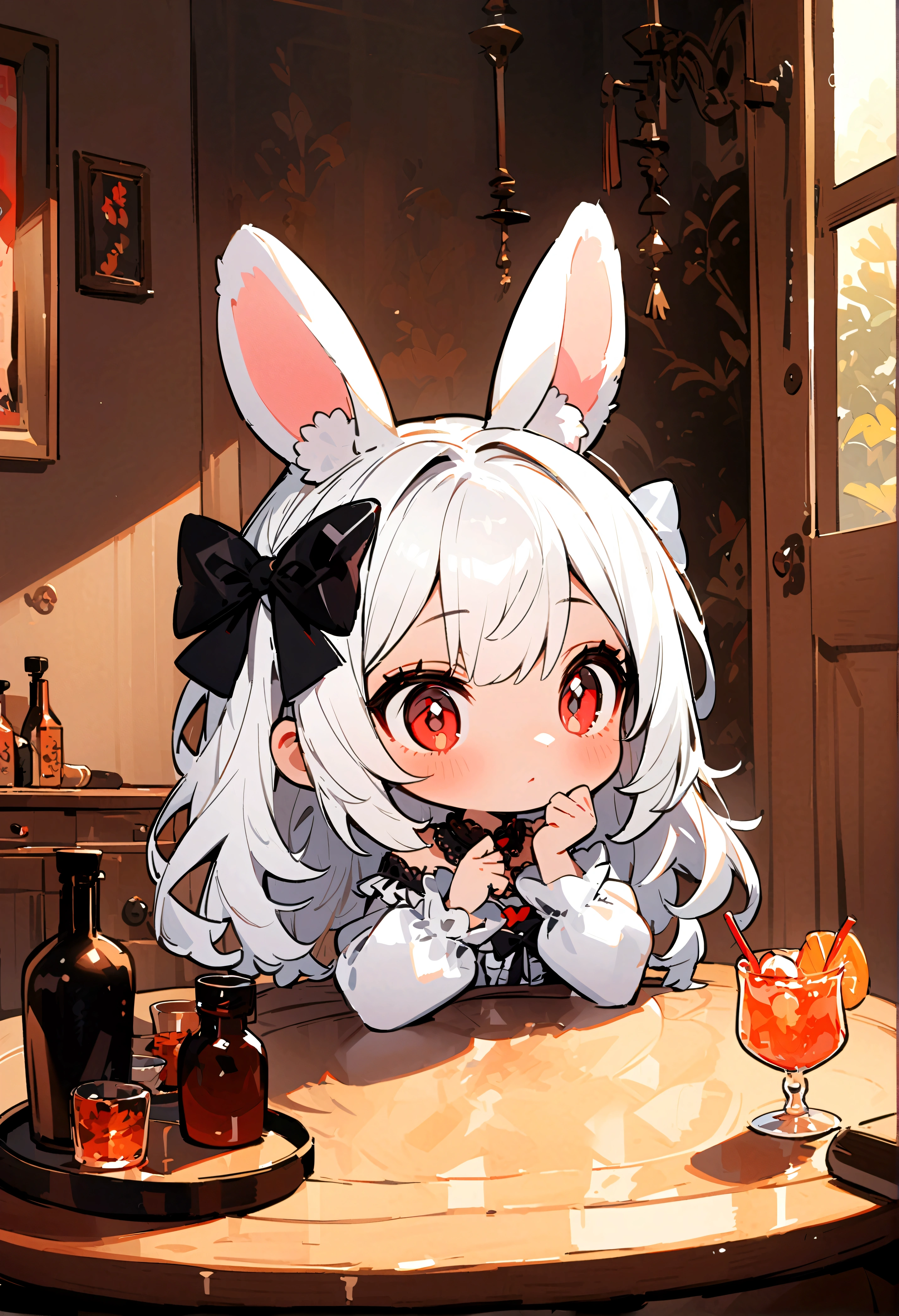 (2.5D),oil painting,solo,1 girl\(2.5D,Chibi,cute,kawaii,small kid,white hair:1.4,long,hair,rabbit ear,white long dress with frill,red eyes,big eyes,skin color white,big black hairbow,thinking about somthing\),background\(inside,gothic room,simple,colorful cocktail on the table\),(2.5D)