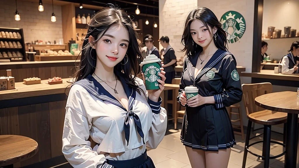 8K、RAW Photos、Highest quality、Super detailed、Super Resolution、Ultra HD、8K壁紙、Amazing details
(((Inside the Starbucks store、 high school girl in sailor suit)))、Eat cake、Drink coffee、smile、Heart Necklace((Emphasize cleavage))
(Full body photo)
