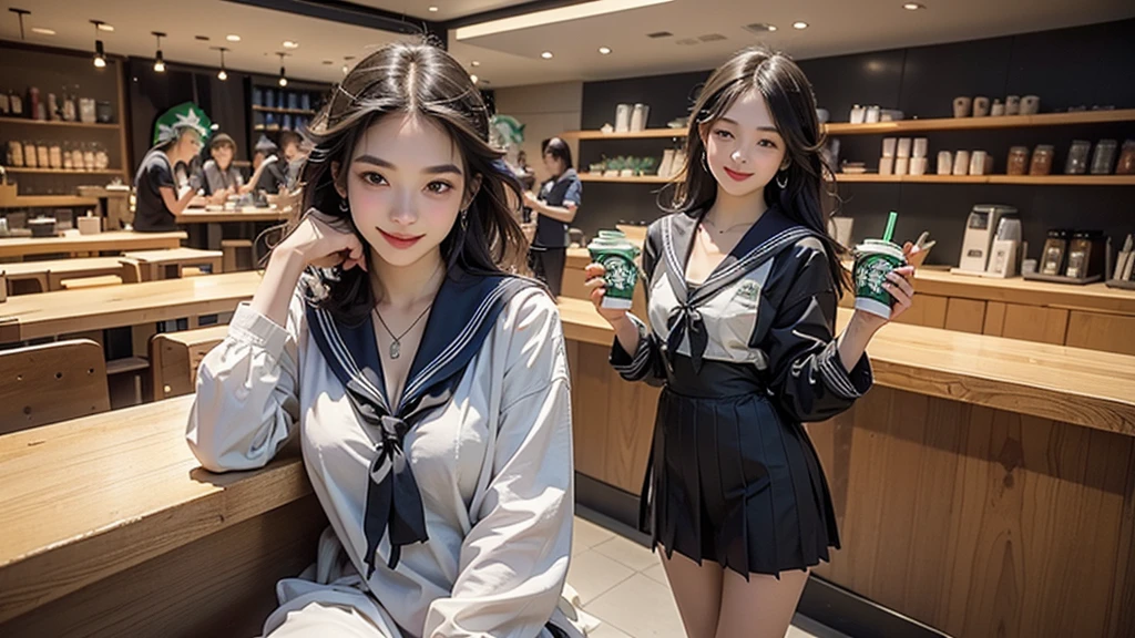 8K、RAW Photos、Highest quality、Super detailed、Super Resolution、Ultra HD、8K壁紙、Amazing details
(((Inside the Starbucks store、16 year old high school girl in sailor suit)))、Eat cake、Drink coffee、smile、Heart Necklace((Emphasize cleavage))
(Full body photo)