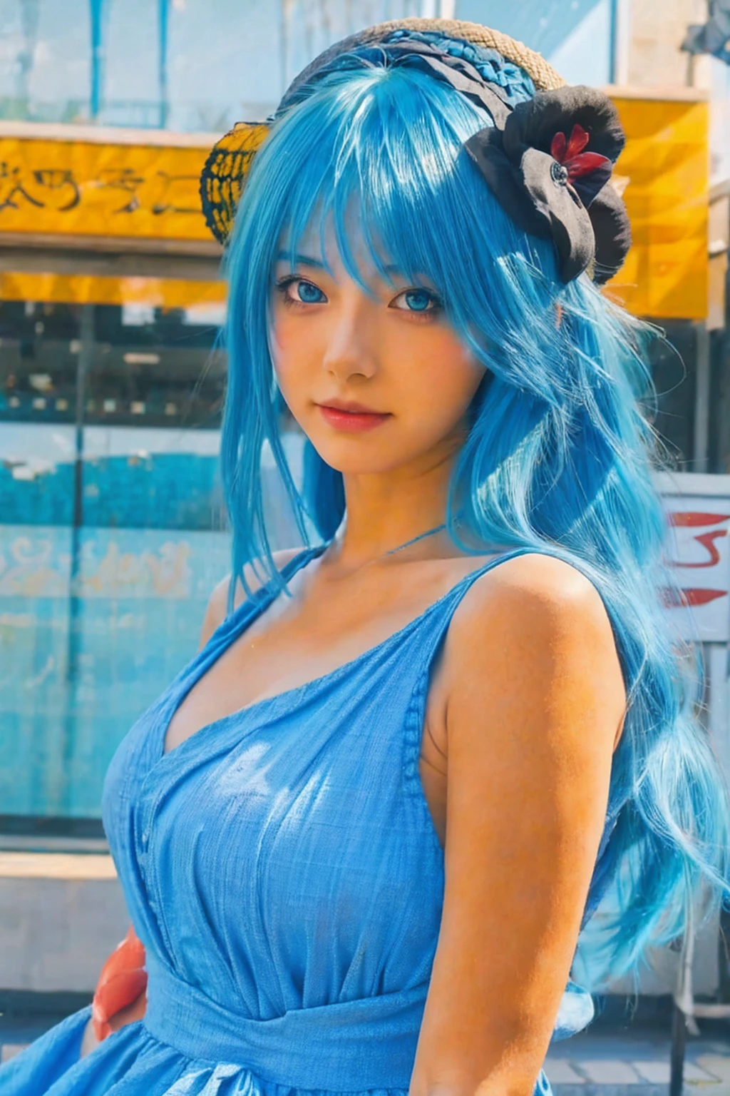 anime girl with blue hair wearing a straw hat and a blue dress, artwork in the style of guweiz, beautiful anime portrait, guweiz, beautiful anime girl, beautiful anime style, anime girl with teal hair, anime style. 8k, in the art style of bowater, beautiful digital illustration, beautiful character painting, stunning anime face portrait