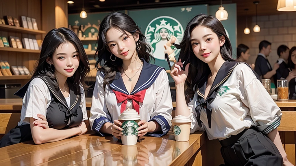 8K、RAW Photos、Highest quality、Super detailed、Super Resolution、Ultra HD、8K壁紙、Amazing details
(((Inside the Starbucks store、16 year old high school girl in sailor suit)))、Eat cake、Drink coffee、smile、Heart Necklace((Emphasize cleavage))
(Full body photo)