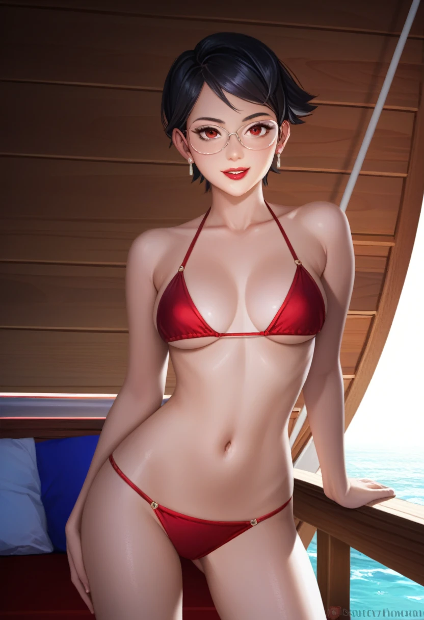 score_9_up, score_8_up, score_7_up, 1girl, solo, mature female, Sarada, looking at viewer, black short hair, red eyes, red lips, parted lips, naughty smile, glasses, red seductive bikini, fit slim body, perfect small erected breast,((yacht cabin)), night time, standing tall in seductive pose, 