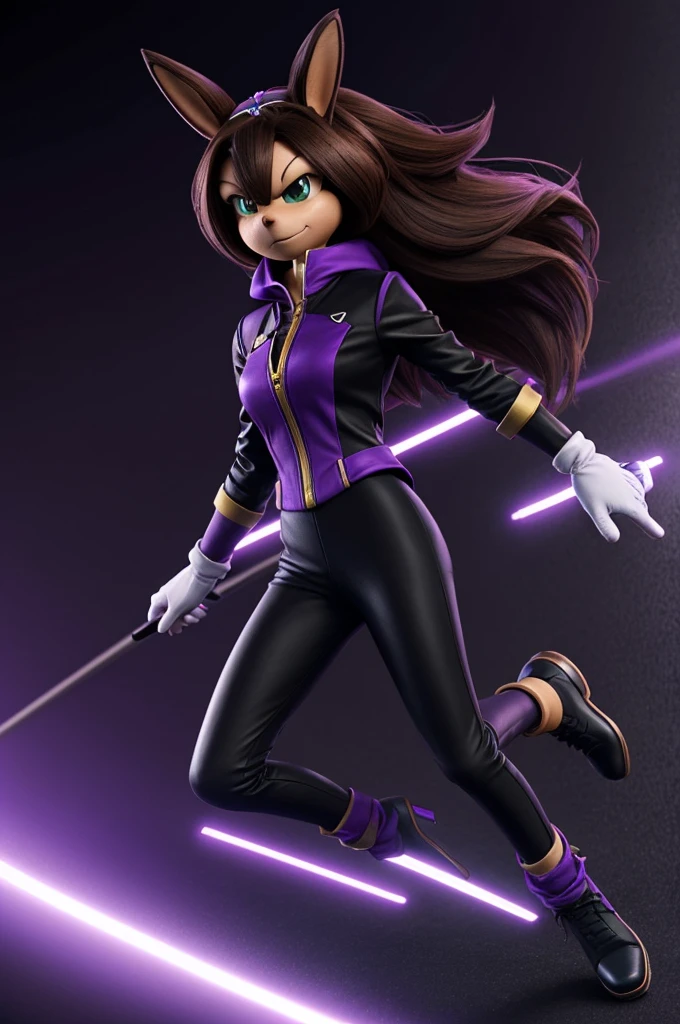 In the style of the female Sonic characters, an anthropomorphic light brown rabbit, a lock of long dark brown hair covering his eye, With eyes closed, with a black diadem on her head, a black and purple spy suit, black gloves, purple shoes, with sonic design with bust