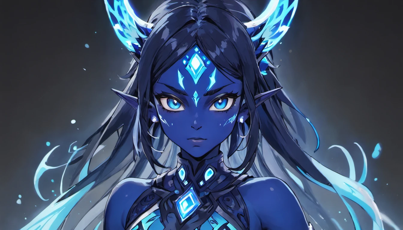 blue humanoid avatar with bioluminescent avatar markings, Spots and patterns on your skin. tribal clothing, Elf pointy ears. avatar like hair, hair-color: blackw, bright, shining blue eyes, slightly shimmering iridescent blue skin. female, warrior like, magical and mystical, detailed and realistic. Blue skin tone only. Only blue colored skin. Skin color all blue.