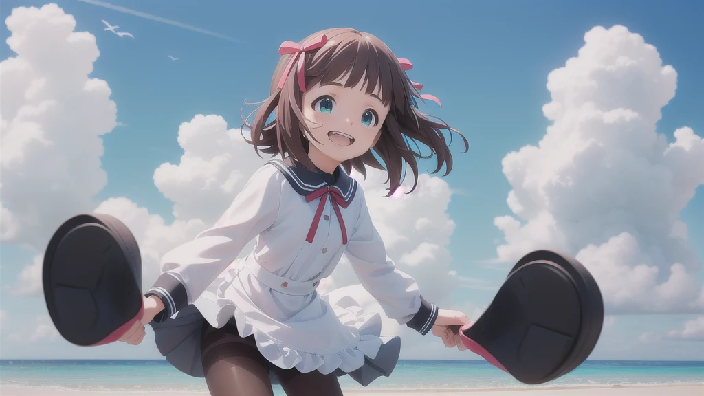 (((Pixel Perfect, Perfect in every detail))),alone,1人of女of子,Amami Haruka,red ribbons,View your viewers,smile,Happy,
Day,null,cumulus clouds,in spring,High resolution,colorful,Volumetric lighting,
depth_of_Field,alone_concentrated,depth of Field,Front view,whole body,
Teen,skinny,thin,thin,(expensive:1.1),
,(blue dress),School_uniform,length_sleeve,shirt,dress,white_shirt,襟ed_shirt,head_ribbon,apron_dress,Best,(Lace-up_boots:1.1),(black_pantyhose:1.4),Panty lines,
Outdoor,Beach,
(Skin Dentition:1.4),thin thighs,