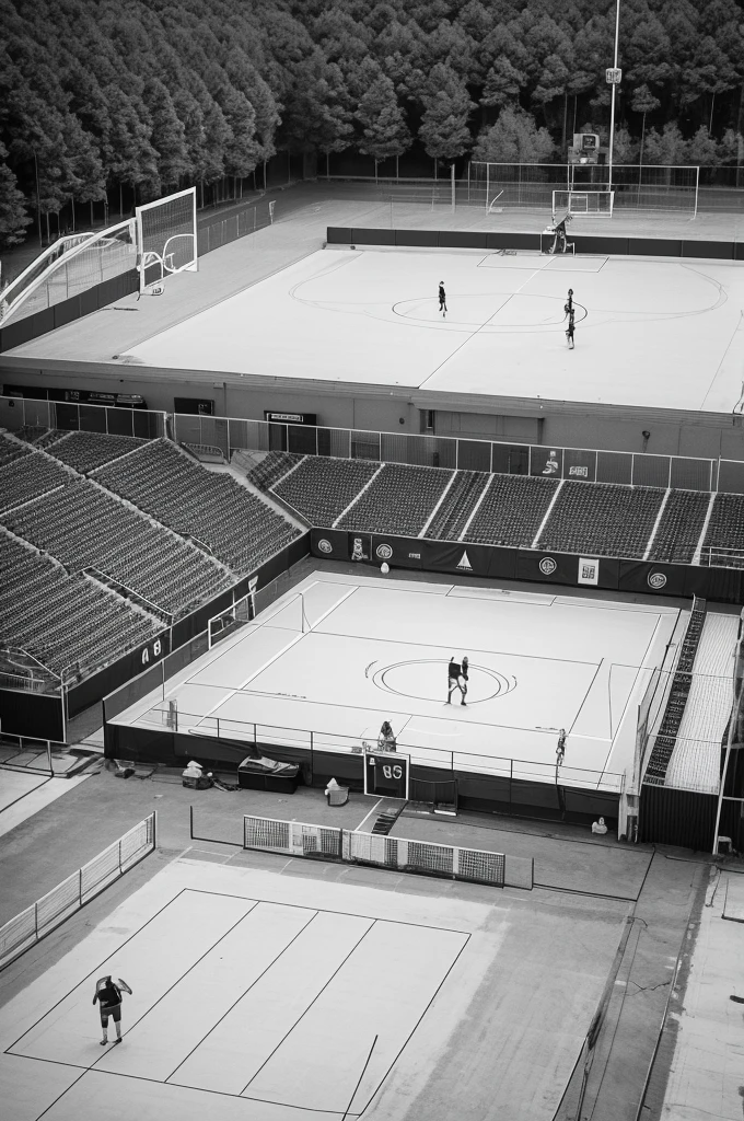 Thermal image seen from an aerial angle of a volleyball court, where the sector that is the most is right at the end of the court 