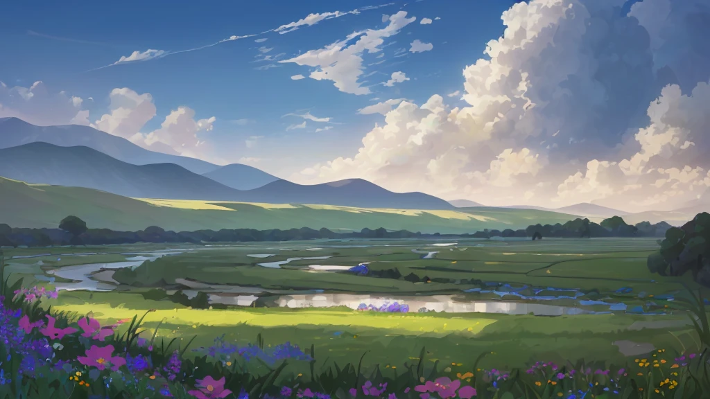 16k quality, masterpice, epic light, natural Subsurface scattering on plants, big and gorgeous skies, ultra detailed flowers with different colors in prim plan, dinamic river being by grass, contrast and joyfull and bright real-nature colors, defined flowers, proportional flowers, very bright day, yelow-white sunshine on grass