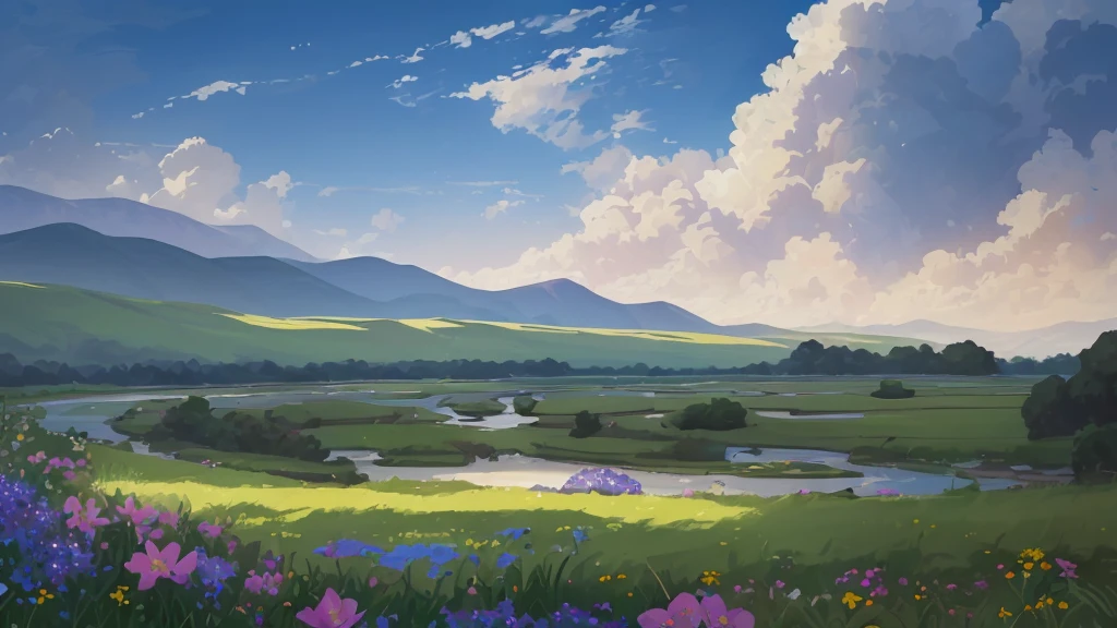 16k quality, masterpice, epic light, natural Subsurface scattering on plants, big and gorgeous skies, ultra detailed flowers with different colors in prim plan, dinamic river being by grass, contrast and joyfull and bright real-nature colors, defined flowers, proportional flowers, very bright day, yelow-white sunshine on grass