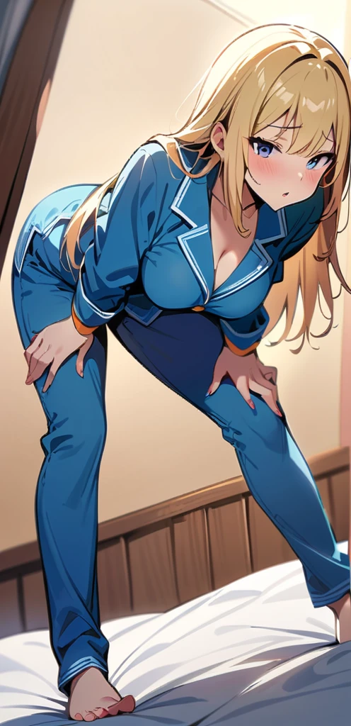 (masterpiece, best quality:1.2), 1girl, crawling in a bed, blonde, long hair, horny, blue pajamas,blue pajamas short bottoms, sexy pose, open legs
