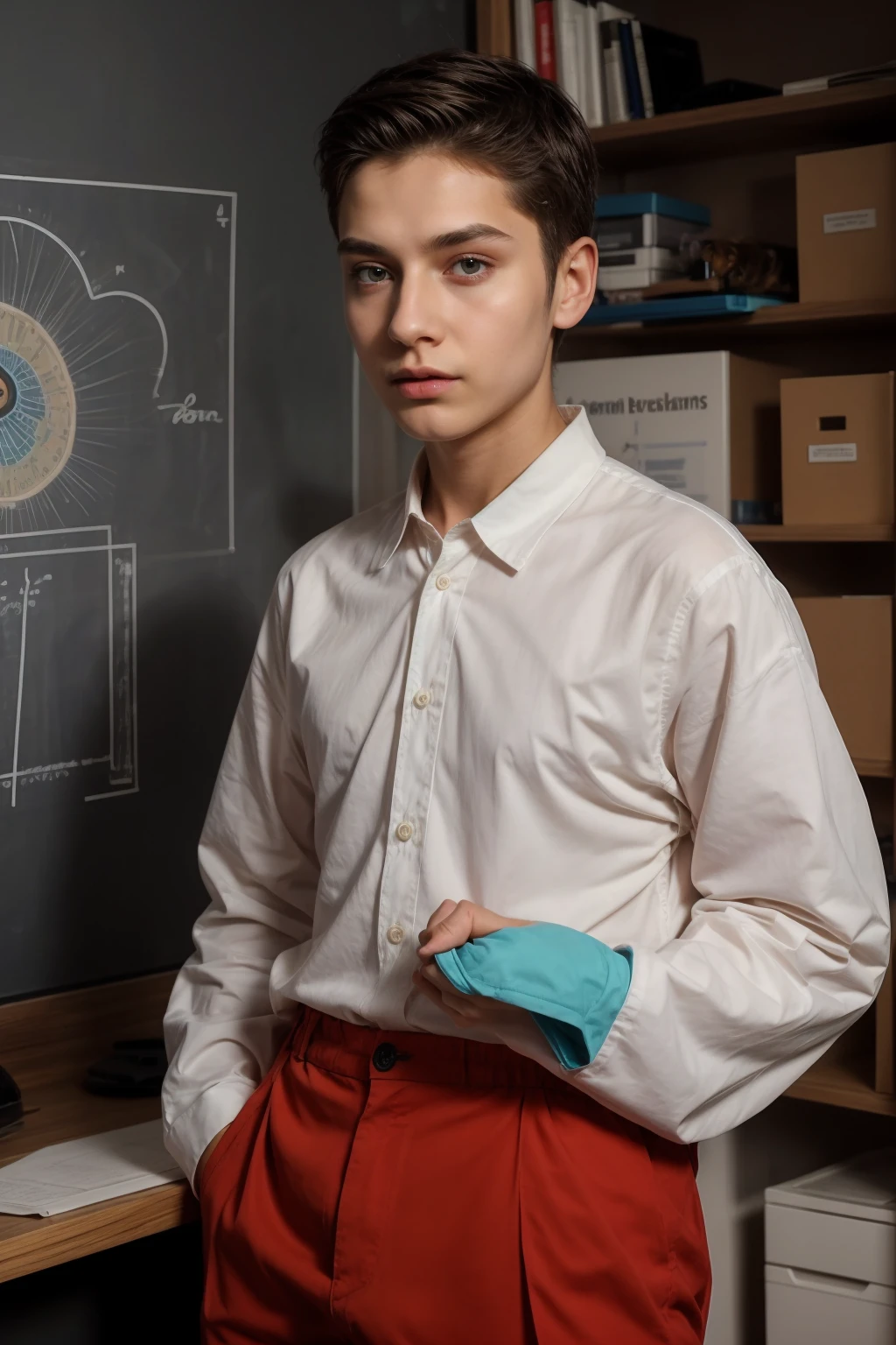A beautiful young man, a cute male twink, with black hair, a face with reddish make-up, wearing a bright white long-sleeved shirt and aqua blue pants. He is in his office, and behind him is a blackboard on which is written the shape of the brain and its anatomy, and nuclear energy comes out of it, and he looks on proudly.