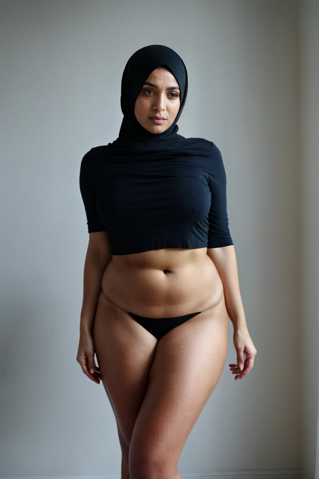 RAW photo,dark,moody,hazy atmosphere,35mm focal lenght,underexposed,cold,candid photograph,artistic,full body,photo of a beautiful,influencer,30yo Arab woman,hijab,detailed skin,naked, looking at viewer, chubby body structure,grey background,no background, candid pose,dim room,blue light, film grain, kodak color, instagram LUT